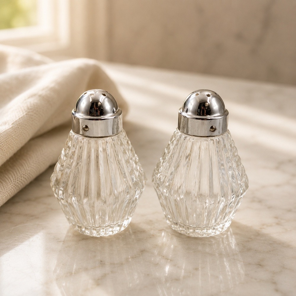 Vintage Art Deco Clear Pressed Glass Salt and Pepper Shakers Chrome Lids Ribbed